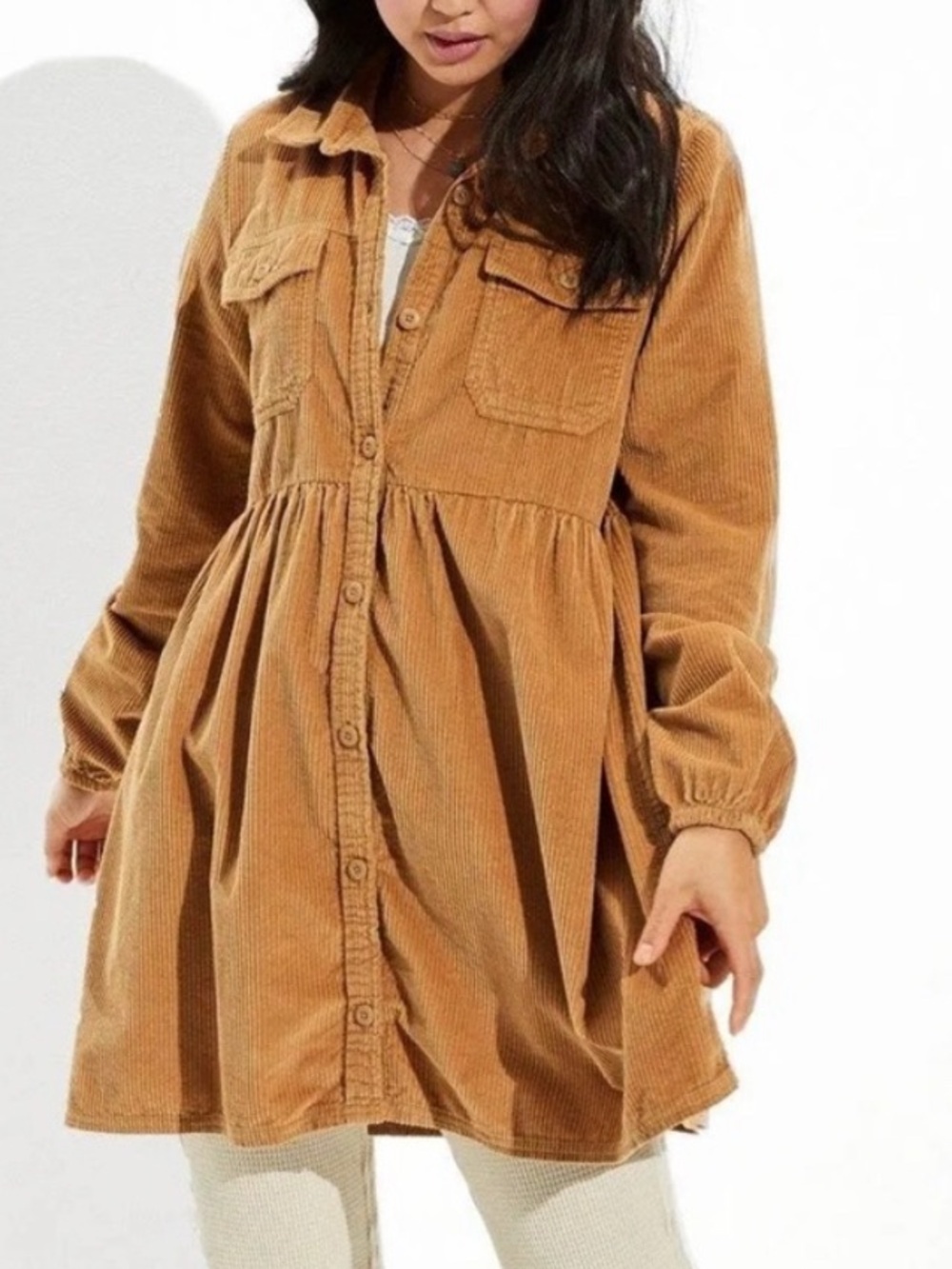 American Eagle Outfitters Corduroy Button-Front Dress in Brown